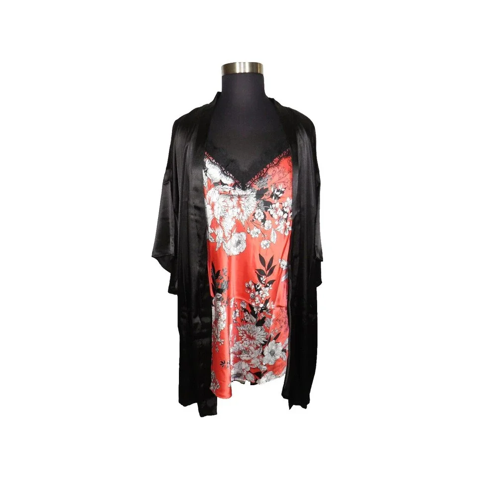 Secret Treasures Floral Satin Chemise & Black Kimono Style Robe, Plus Size 3X - Picture 8 of 11